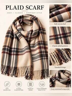 I AM PLAID OVERSIZED SCARF – CREAM/MULTICOLOR (NEW WITH TAGS) A38